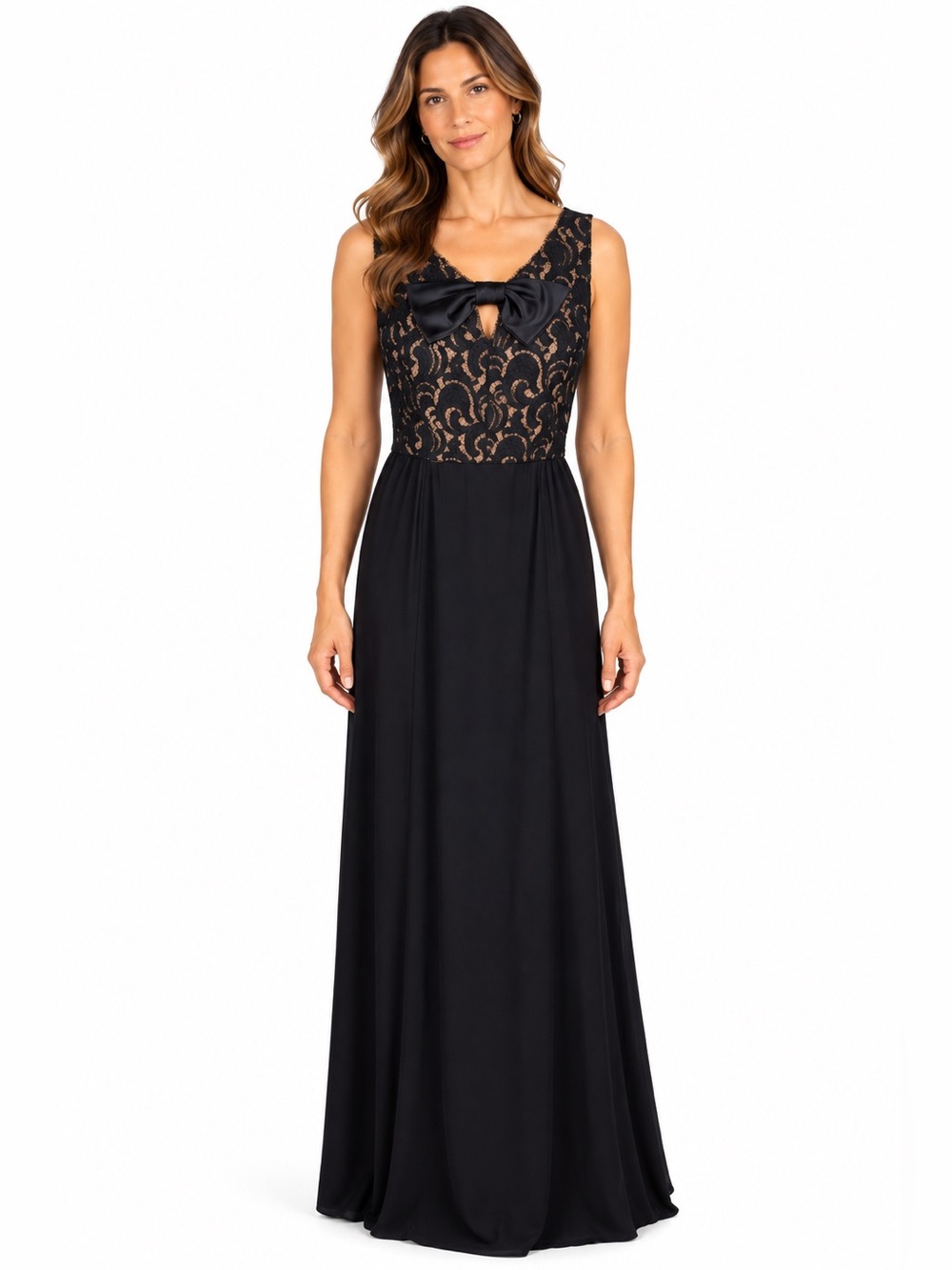 BADGLEY MISCHKA Black Elegant Lace Bodice Evening Gown Maxi Dress w/Bow Size 4